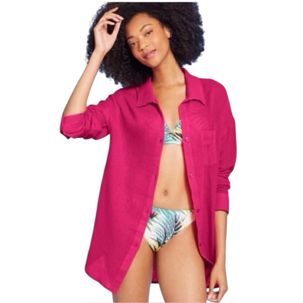 Shade & Shore Hot Pink Gauze feel textured cotton two Button-Up cover-up top